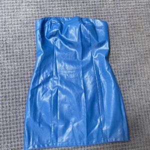 Blue leather strapless mini dress